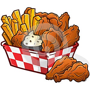 Chicken Wing Basket with French Fries cartoon illustration