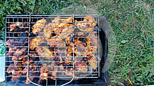 Chicken wings barbecue on a metal grill on hot coals.