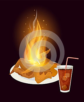 Chicken wings with fire in dark background vector illustration flat style. Hot and spicy food grilled or fried chicken