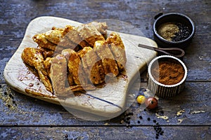 Chicken wings over a wood table