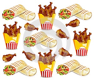 Chicken wings and shawarma Vector pattern. Fast food backgrounds