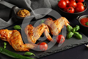 Chicken wings with vegetables and herbs. plate of grilled chicken wings
