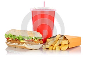 Chickenburger chicken burger and fries menu meal drink isolated