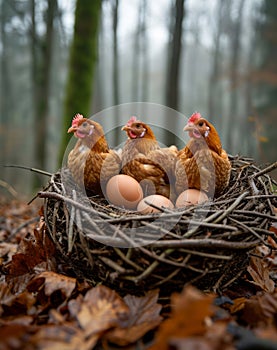 Chickens in a basket with eggs. A flock of chickens gathered on top of a nest, showcasing their instinctual behavior