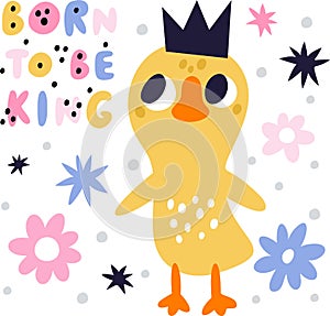 Chickens card. Chicks greeting poster. Newborn bird and flowers. Little yellow animal. Baby shower announce. Children
