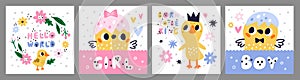 Chickens cards. Cute little baby birds. Girls and boys greeting posters. Funny ducklings and goslings. Chicks hatched