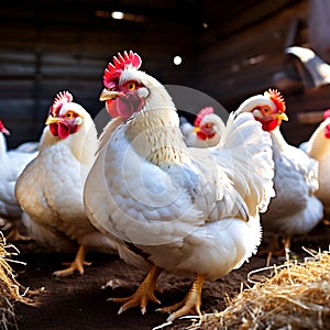 chickens in a chicken coop on a farm