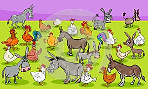 Chickens and donkeys farm animal characters group