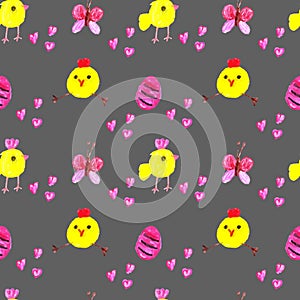 Chickens with Easter red egg, butterfly and hearts on a gray background.