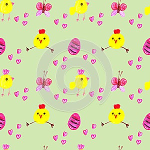 Chickens with Easter red egg, butterfly and hearts on a green background.