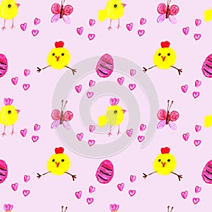 Chickens with Easter red egg, butterfly and hearts on a pink background.