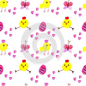 Chickens with Easter red egg, butterfly and hearts on a white background.