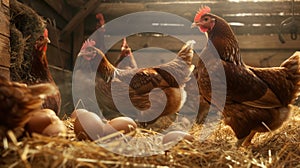 The chickens and eggs in barn.AI generated image