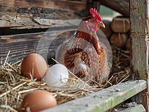 Chickens and eggs in a henhouse on a farm.