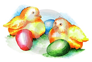 Chickens and eggs, watercolor