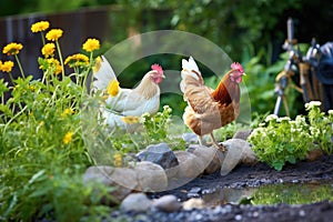 chickens enjoying a vegetable garden in a backyard setting