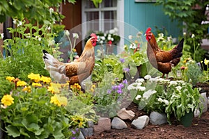 chickens enjoying a vegetable garden in a backyard setting