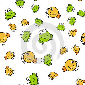 Chickens and frogs seamless pattern in cartoon style