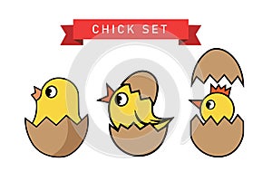 Chickens hatched from an egg. Cute cartoon.