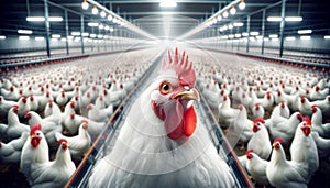 Chickens in modern industrial farm. Illustrating intensive animal farming issues