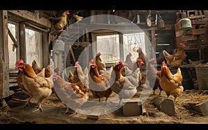 Chickens roam freely in a rustic barn, bathed in the warm glow of morning light.
