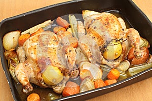 Chickens roasted on vegetables photo