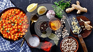 Chickpea curry with ingredients view from above