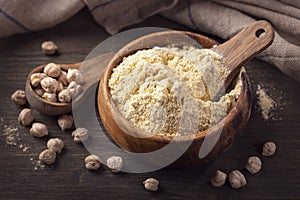 Chickpea flour in a wooden bowl