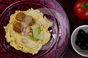 Chickpea hummus with falafel top view stock images