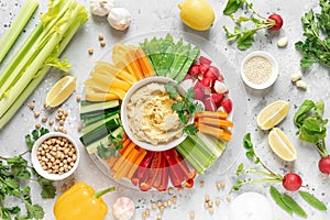 Chickpea hummus with fresh vegetables, healthy vegetarian food concept