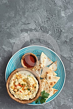 Chickpea Hummus and Pita Chips on concrete background