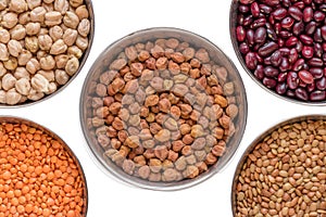 Chickpea Red Lentil Black gram Black lentil Garbanzo Beans Gahat Dal in steel bowel isolated on white background.