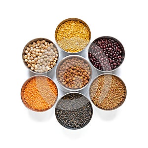 Chickpea, Red Lentil, Split Chickpea, Black gram, Black lentil, Garbanzo Beans, Horse Gram, Gahat Dal in steel bowel isolated on w