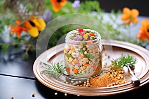 chickpea salad with spices, shot with spice jars in view