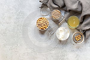 Chickpea water aquafaba. Egg substitutes. Vegan, sustainable lifestyle, and natural eco-friendly products.