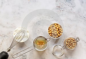 Chickpea water aquafaba. Egg substitutes. Vegan, sustainable lifestyle, and natural eco-friendly products.