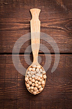 Chickpeas biological on dark wooden table.