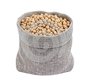 Chickpeas in burlap bag isolated on white