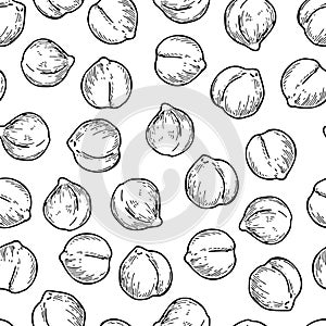 Chickpeas hand drawn vector seamless pattern. Vegetable engraved style background. Detailed vegetarian food