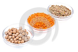 Chickpeas, orange lentils in and green, isolated on white