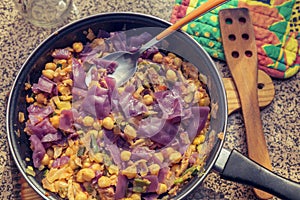 Chickpeas with red cabbage and vegetables. healthy meal