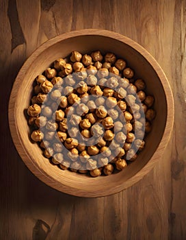 Chickpeas in wooden bowls on a wooden surface, Generative AI