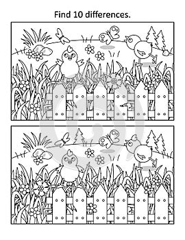 Chicks and butterflies find 10 differences picture puzzle and coloring page with fence, grass and wildflowers. Black and white.
