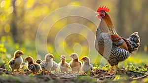 Chicks cheeping around their clucking mother he
