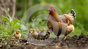 Chicks cheeping around their clucking mother he