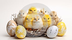 Chicks and Easter eggs on a white background. Generative AI,