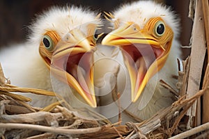 chicks with open beaks waiting for food in the nest