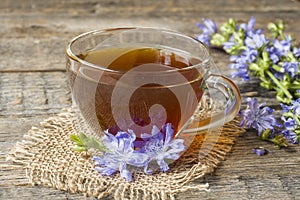 Chicory drink in Cup and flowers on rustic wooden background. Medicinal plant Cichorii.