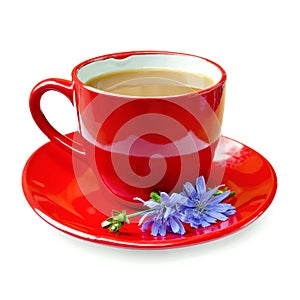 Chicory drink in red cup with flower