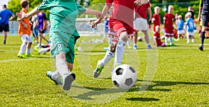 Chidren Playing Football Soccer Game on Sports Field. Boys Play Soccer Match on Green Grass. Youth Soccer Tournament Teams